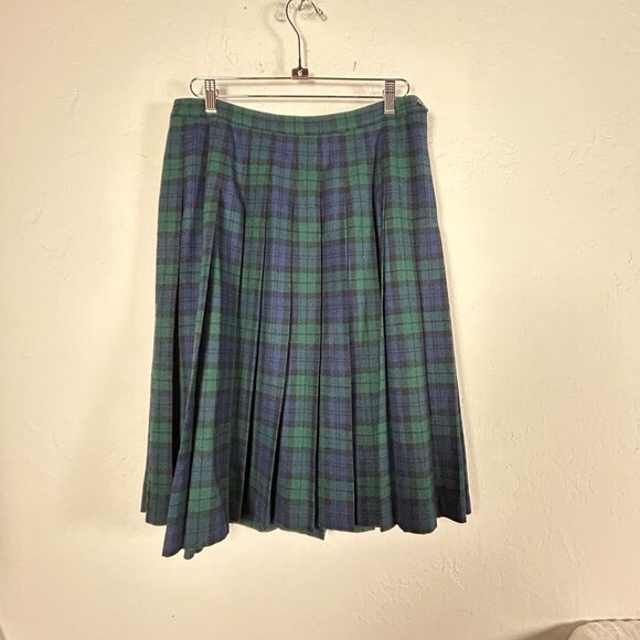 VTG Pendleton Black Watch Tartan Pleated Wool Midi Skirt Size 16 Petite Blue USA - Picture 1 of 6